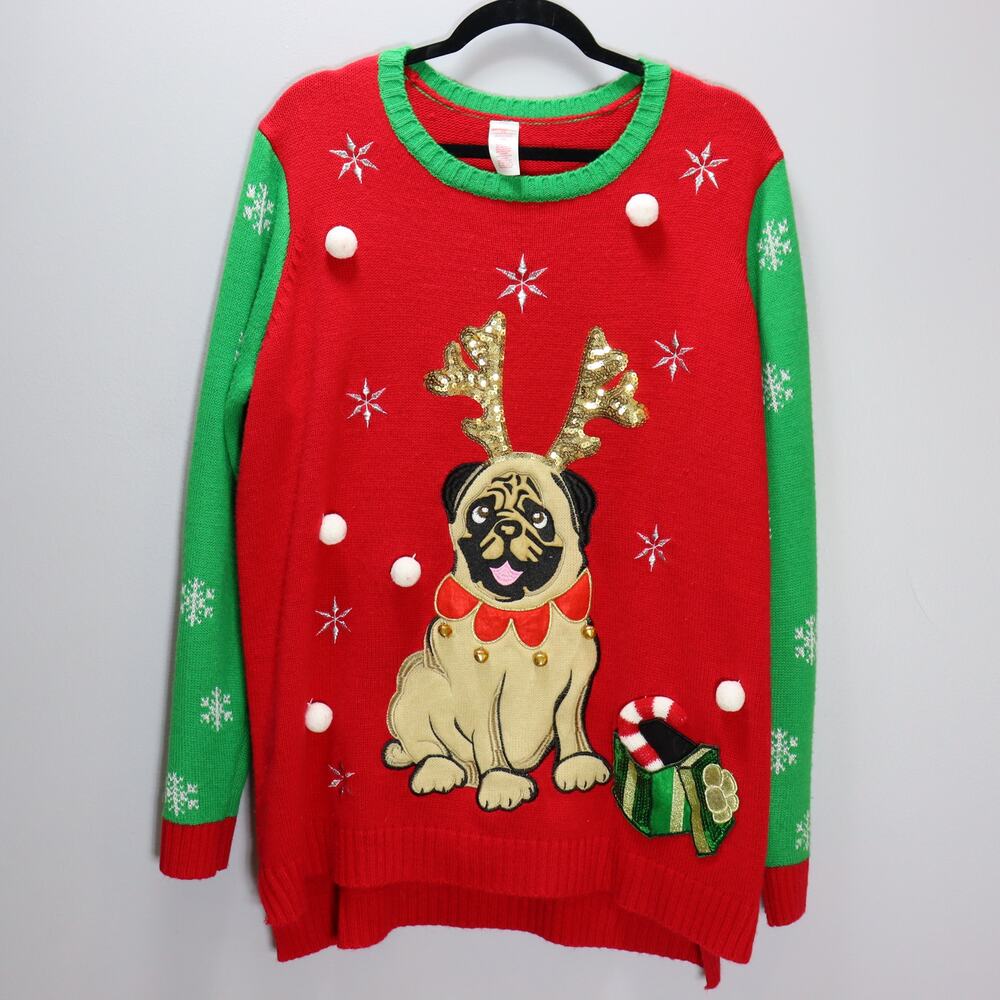 Ugly Christmas Sweater‎ Pug Reindeer Sequin Knit Holiday Size 2X